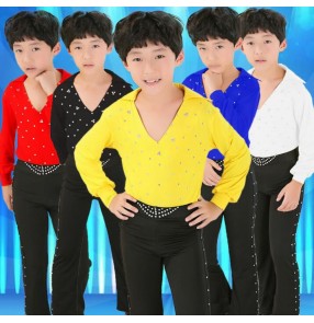 Royal blue black white red yellow boys kids children child baby v neck long sleeves leotard tops and long pants competition performance jazz latin ballroom tango school show play dance wear outfits costumes
